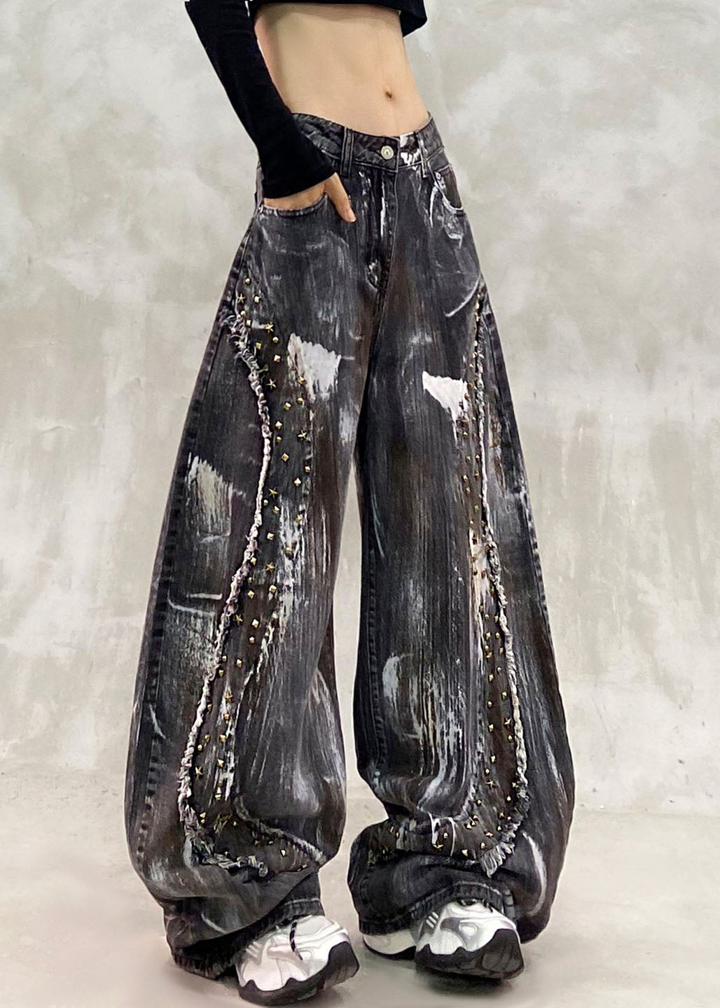 Handmade Black Pockets Rivet Wide Leg Jeans