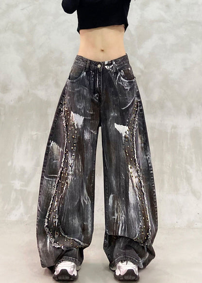 Handmade Black Pockets Rivet Wide Leg Jeans
