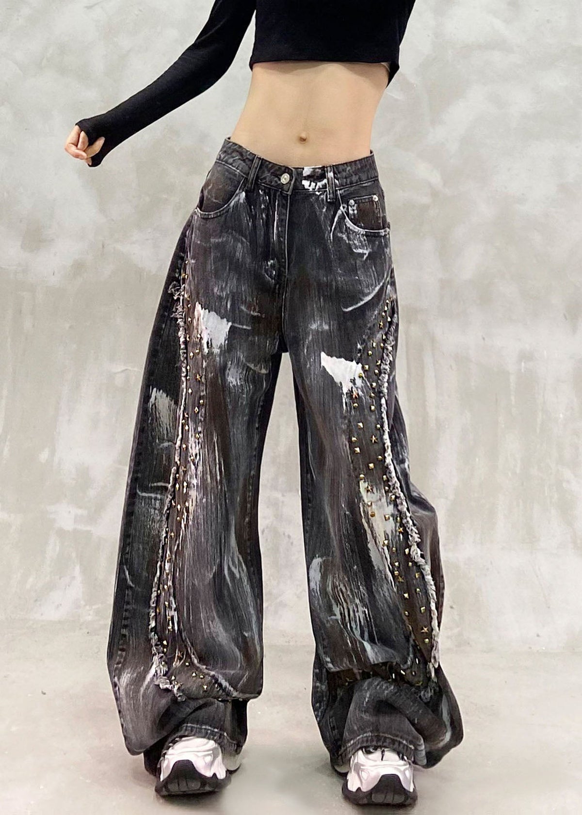 Handmade Black Pockets Rivet Wide Leg Jeans