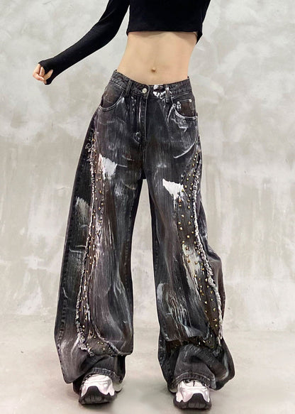 Handmade Black Pockets Rivet Wide Leg Jeans