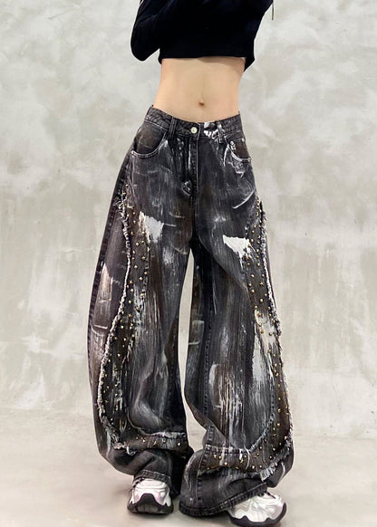 Handmade Black Pockets Rivet Wide Leg Jeans