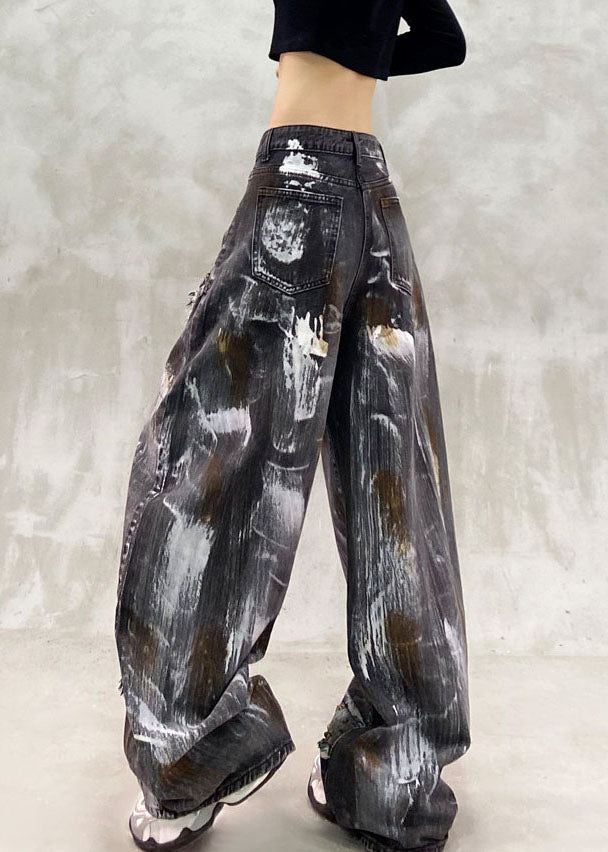 Handmade Black Pockets Rivet Wide Leg Jeans