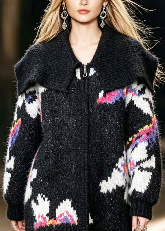 Handmade Black Sailor Collar Zip Up Jacquard Patchwork Knit Coats Fall