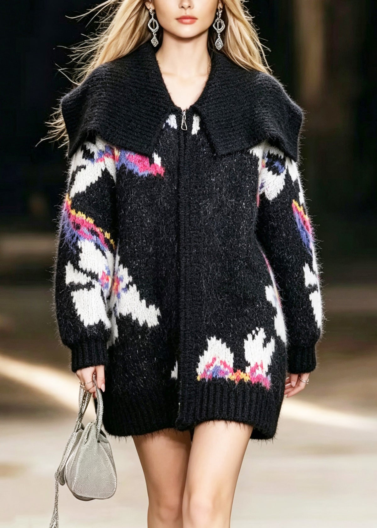 Handmade Black Sailor Collar Zip Up Jacquard Patchwork Knit Coats Fall