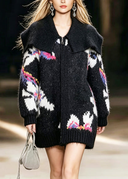 Handmade Black Sailor Collar Zip Up Jacquard Patchwork Knit Coats Fall