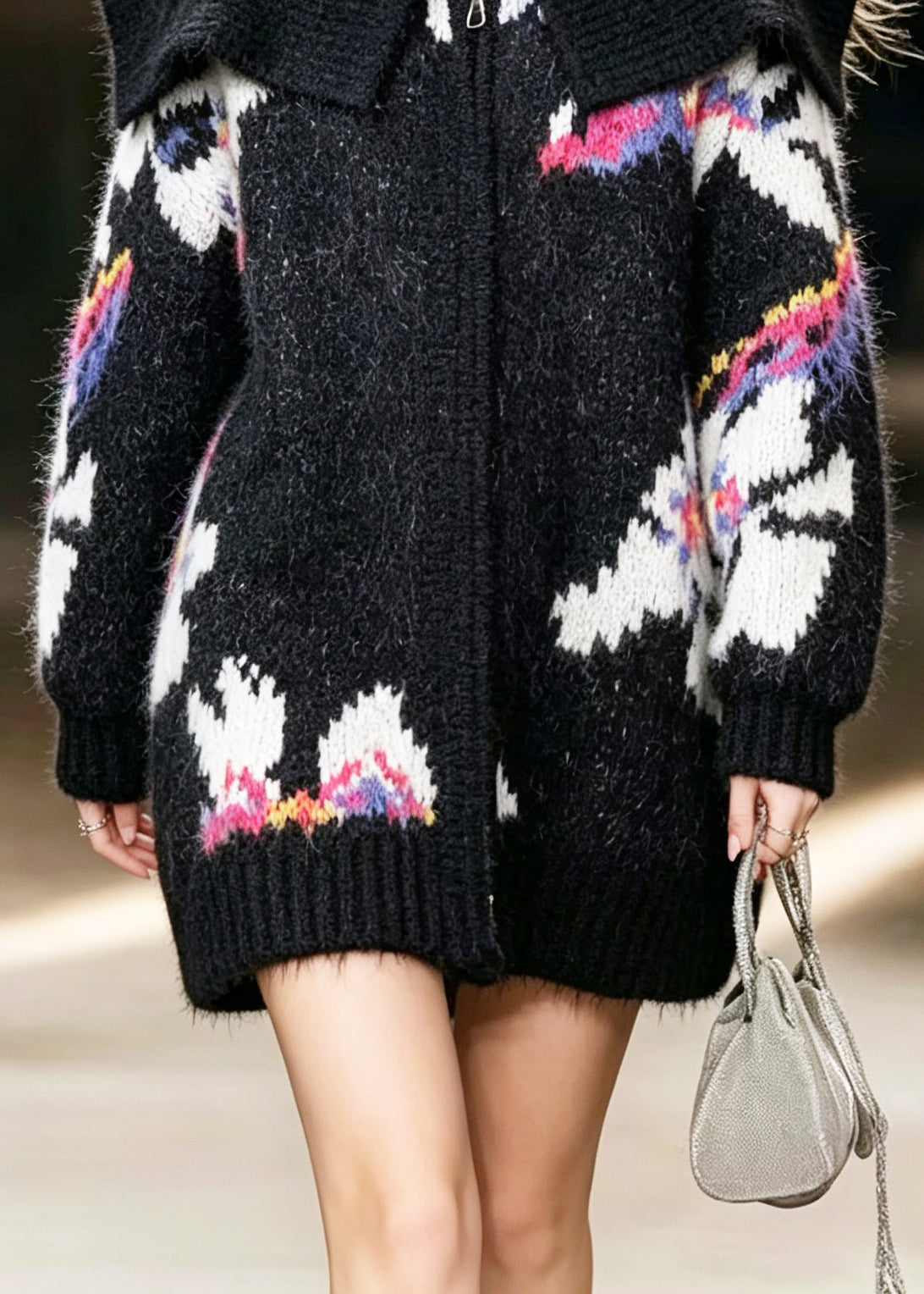 Handmade Black Sailor Collar Zip Up Jacquard Patchwork Knit Coats Fall