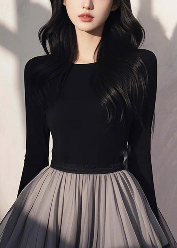 Handmade Black Tulle Patchwork Wrinkled Long Dress Spring