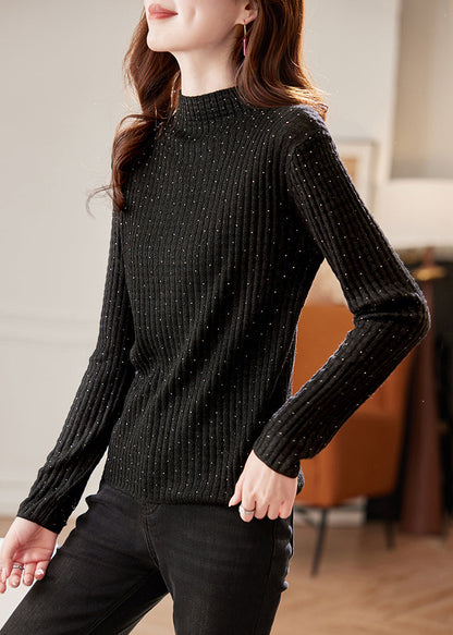 Handmade Black Turtleneck Zircon Knit Sweater Winter
