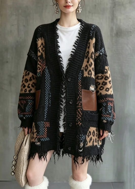 Handmade Black V Neck Print Cotton Knit Cardigan Long Sleeve