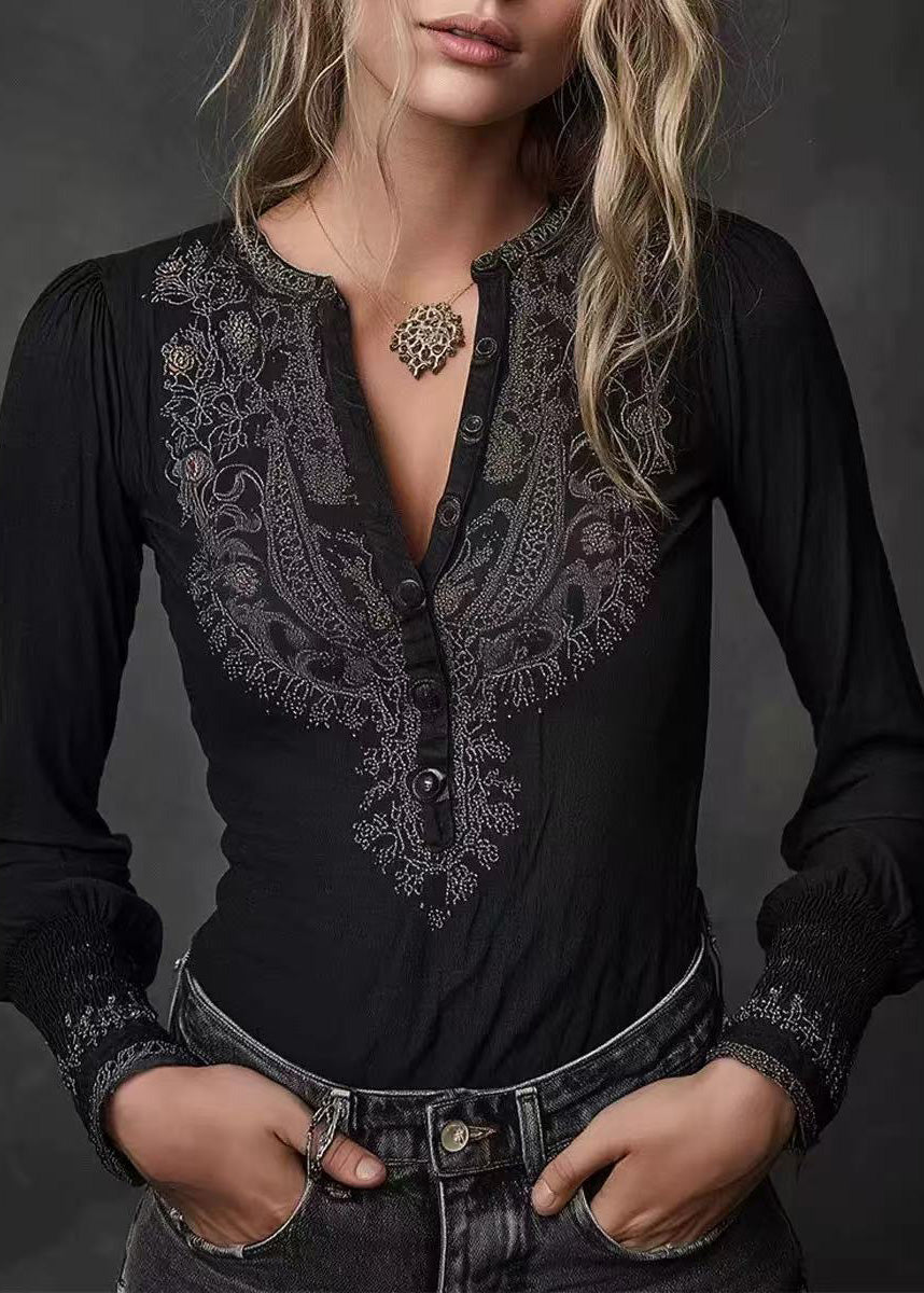 Handmade Black V Neck Print Cotton T Shirt Tops Spring