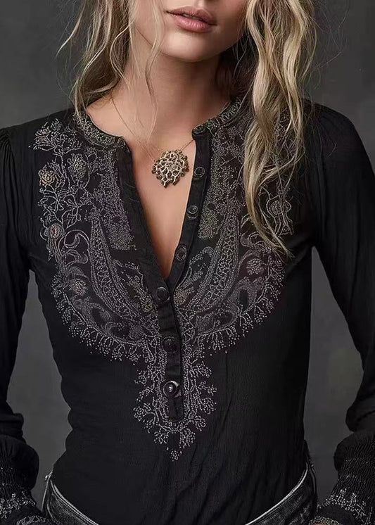 Handmade Black V Neck Print Cotton T Shirt Tops Spring