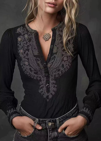 Handmade Black V Neck Print Cotton T Shirt Tops Spring