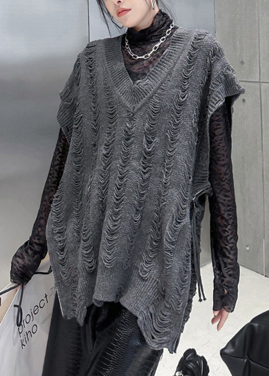 Handmade Black V Neck Zip Up Patchwork Knit Vest Tops Sleeveless