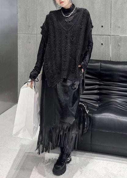 Handmade Black V Neck Zip Up Patchwork Knit Vest Tops Sleeveless