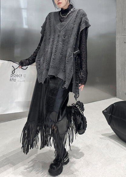 Handmade Black V Neck Zip Up Patchwork Knit Vest Tops Sleeveless