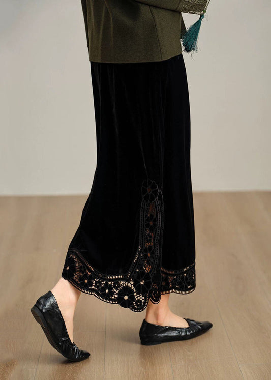 Handmade Black Wraped Patchwork Silk Velvet Skirt Fall