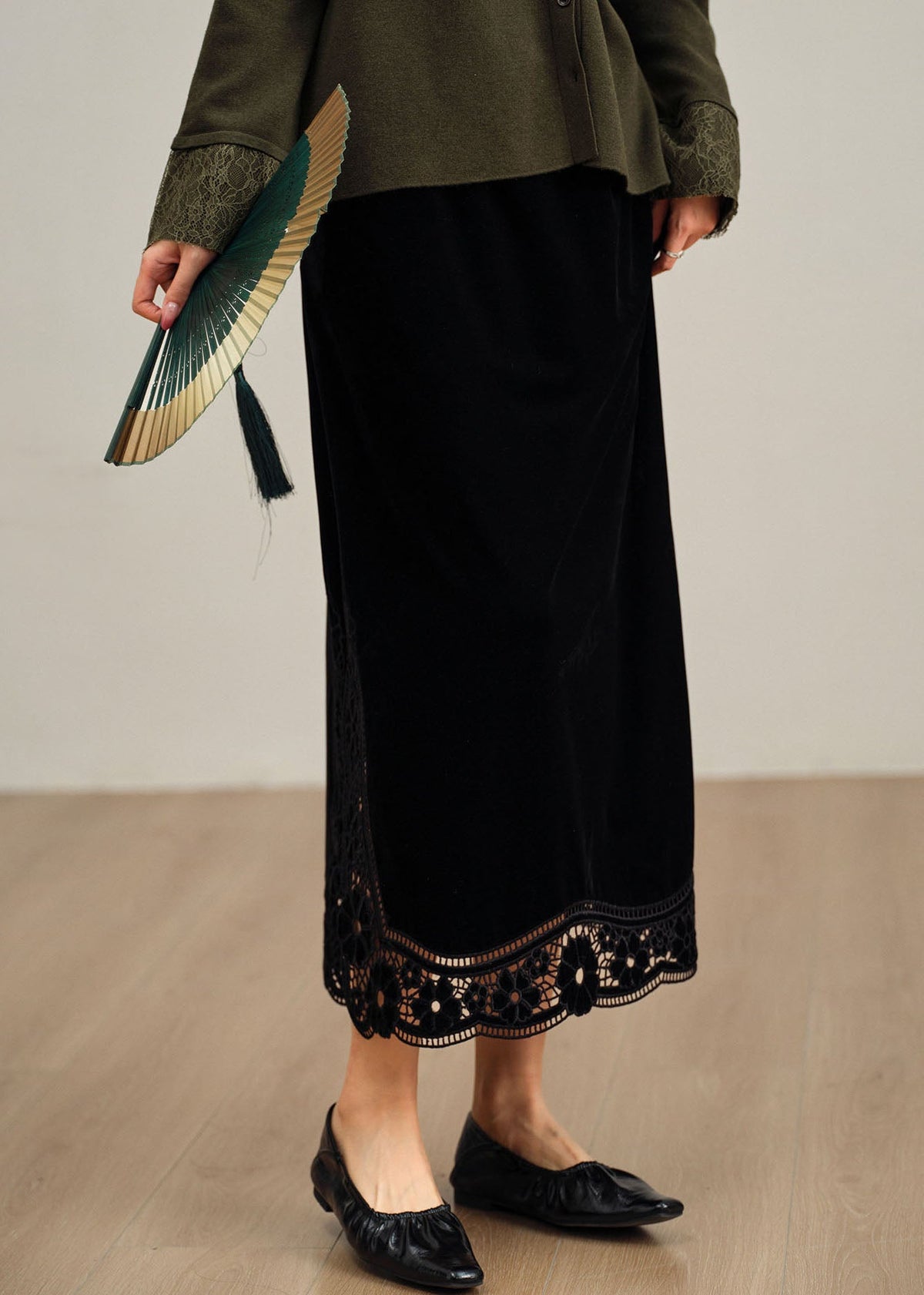 Handmade Black Wraped Patchwork Silk Velvet Skirt Fall