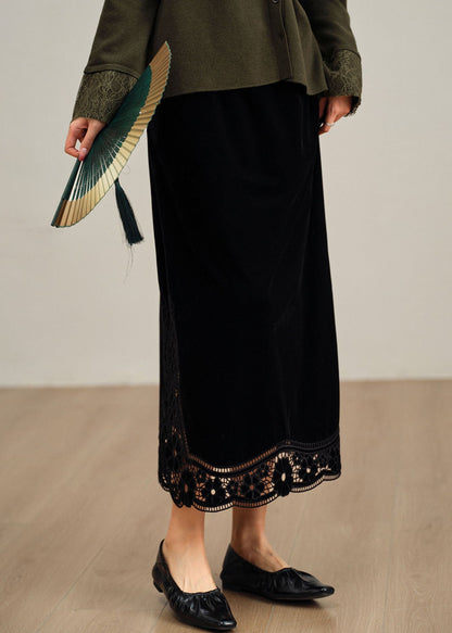 Handmade Black Wraped Patchwork Silk Velvet Skirt Fall
