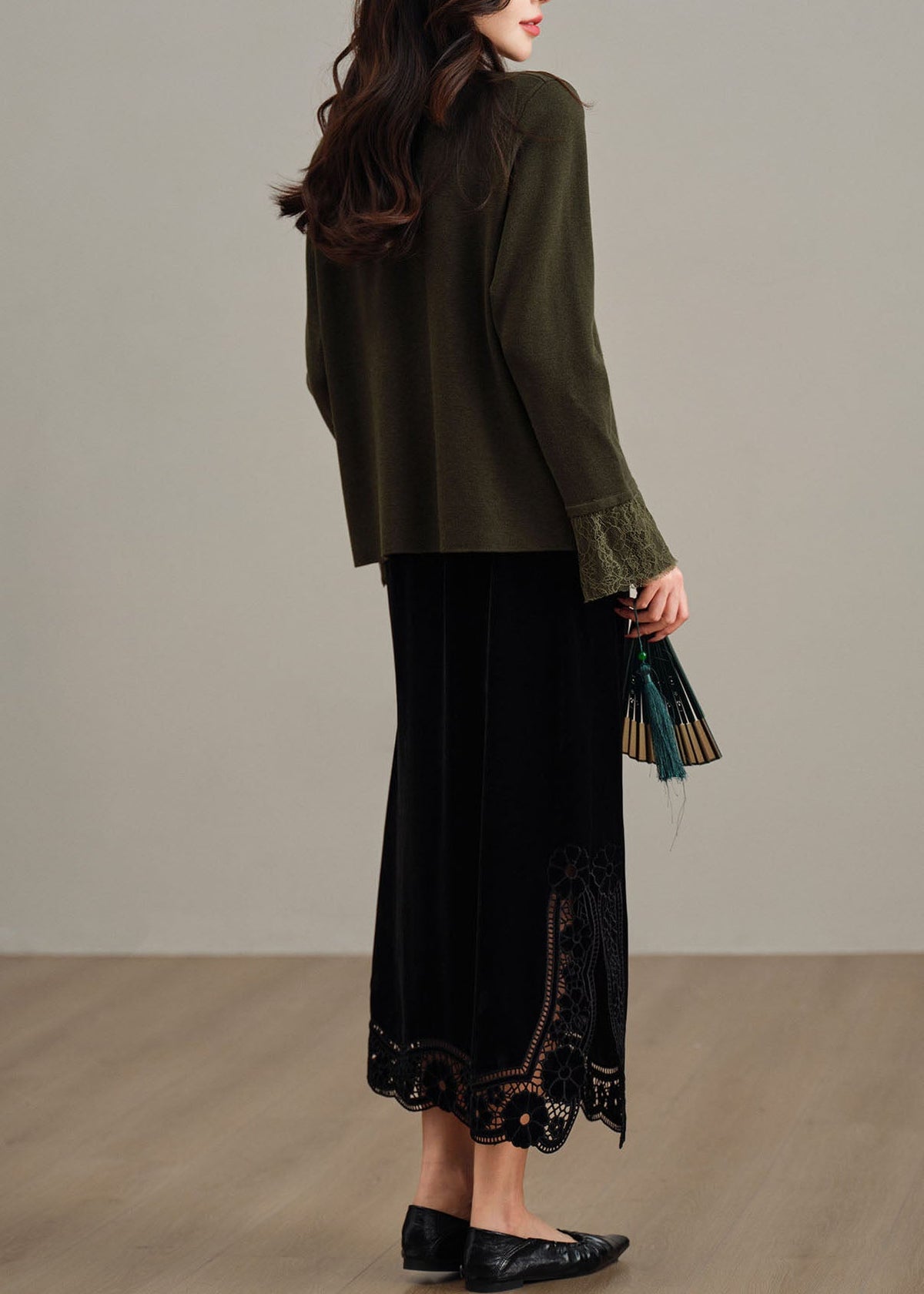 Handmade Black Wraped Patchwork Silk Velvet Skirt Fall
