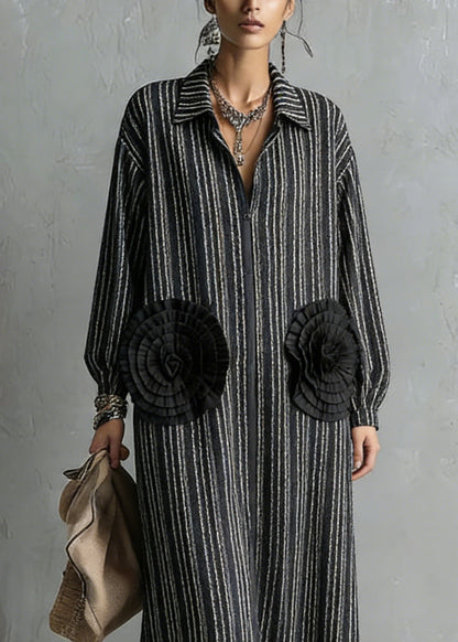 Handmade Black Zip Up Striped Floral Cotton Dresses Spring
