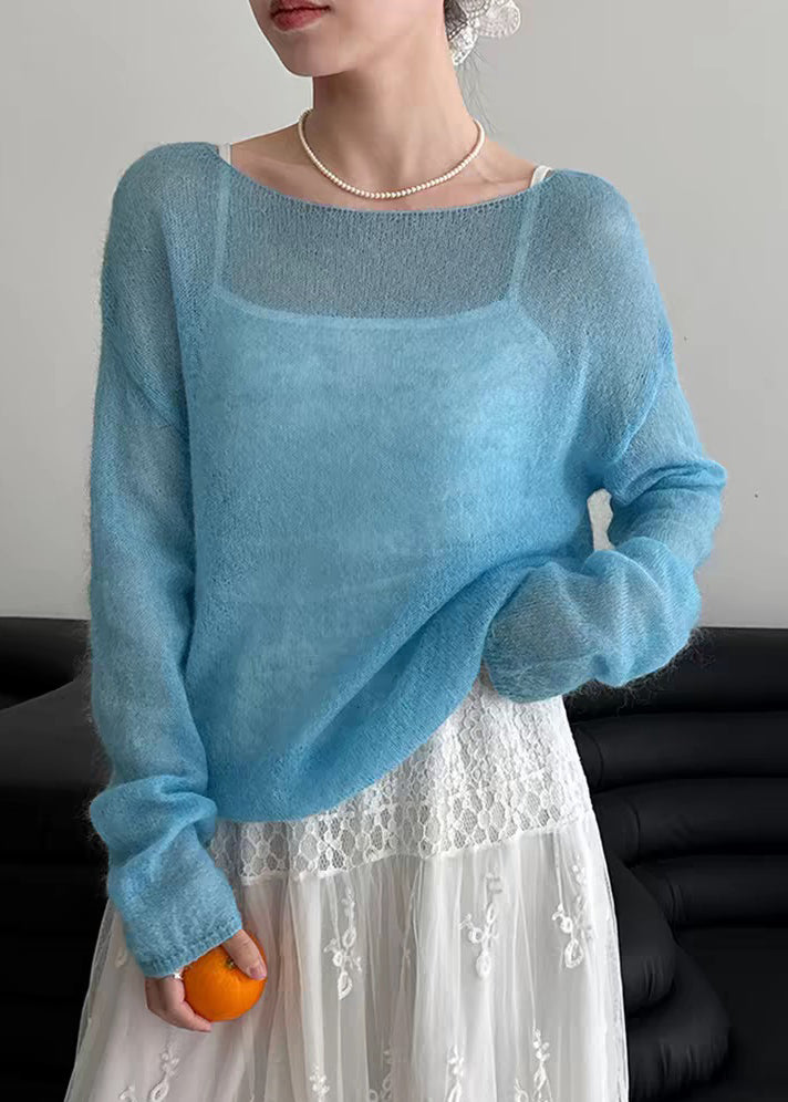 Handmade Blue Cozy Ma Hai Mao Solid Knit Tops Spring