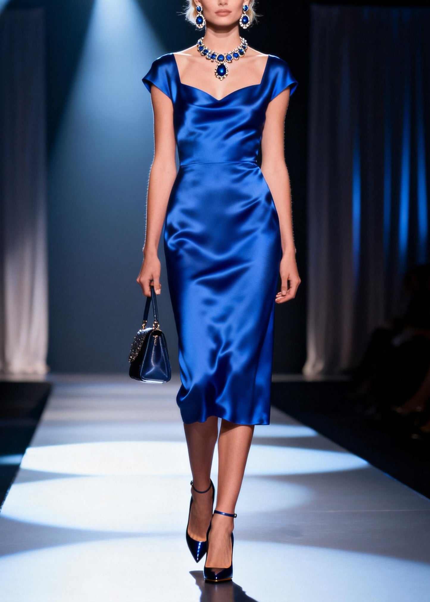Handmade Blue Draping Neckline Collar Silk Maxi Dresses Summer