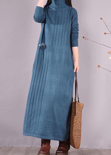 Handmade Blue Dresses High Neck Long Spring Dresses - SooLinen