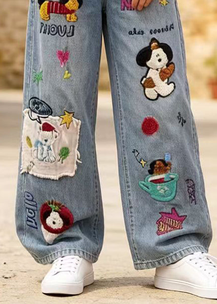 Handmade Blue Embroidered Patchwork Denim Pants Spring