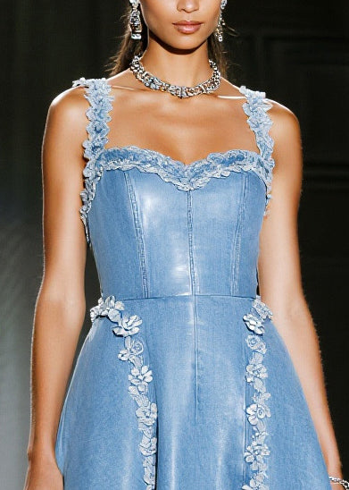 Handmade Blue Floral Decorated Exra Large Hem Denim Sundress Summer