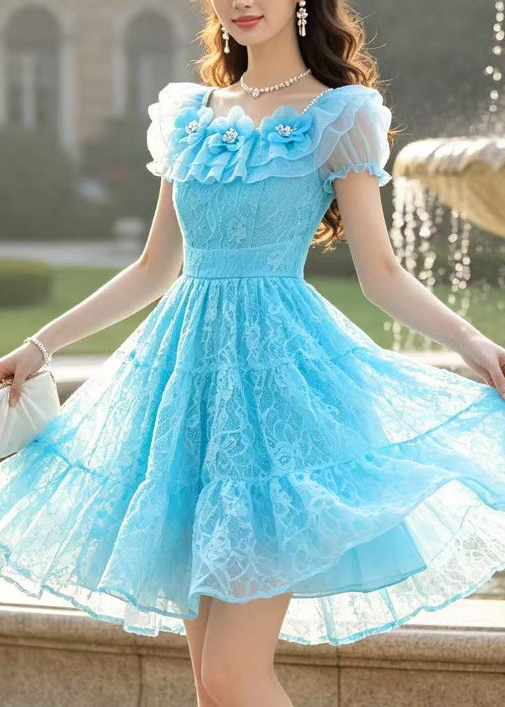 Handmade Blue Floral Lace Mini Dresses Summer