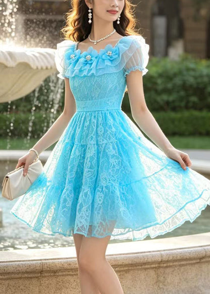 Handmade Blue Floral Lace Mini Dresses Summer
