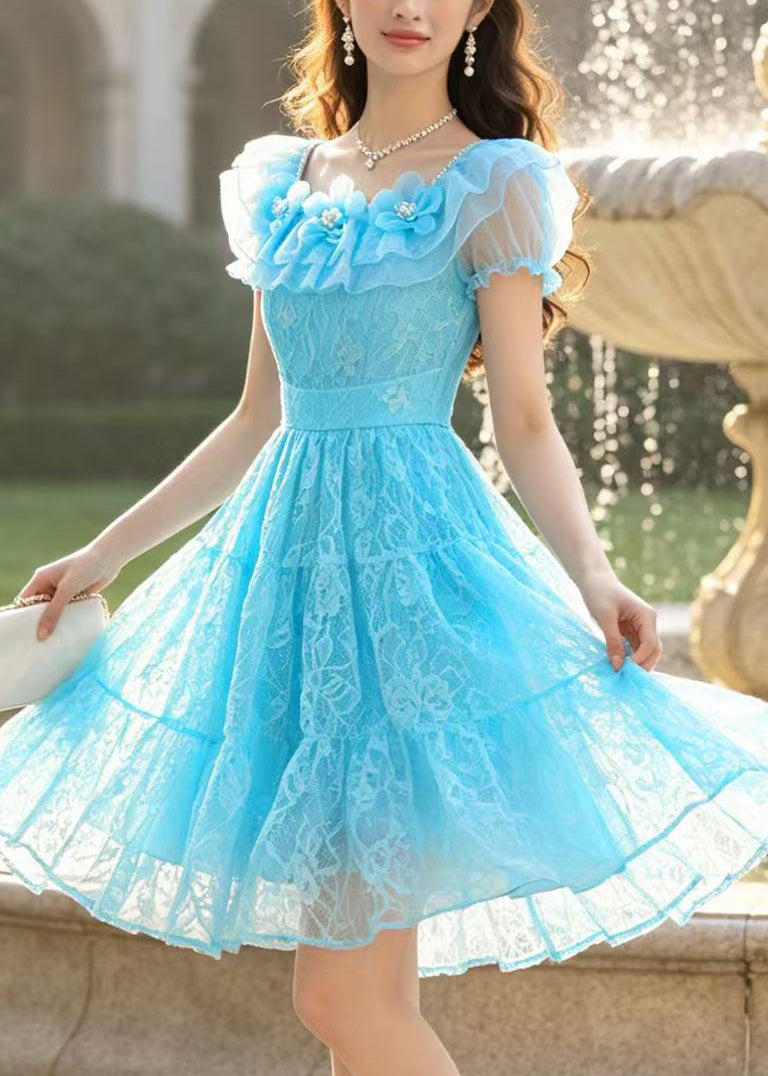 Handmade Blue Floral Lace Mini Dresses Summer