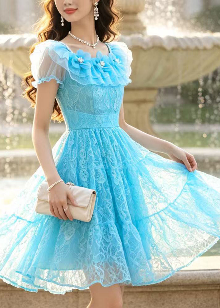 Handmade Blue Floral Lace Mini Dresses Summer