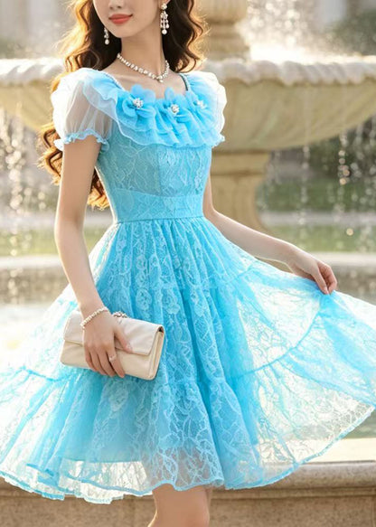 Handmade Blue Floral Lace Mini Dresses Summer