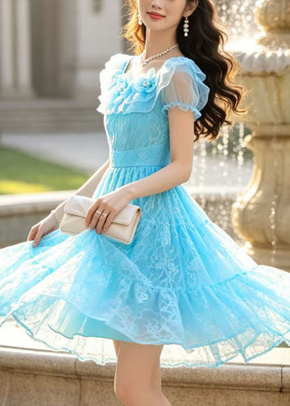 Handmade Blue Floral Lace Mini Dresses Summer