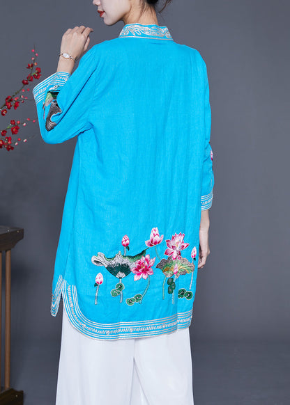 Handmade Blue Lotus Embroideried Linen Mid Dress Summer