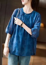 Load image into Gallery viewer, Handmade Blue O-Neck Butterfly Print Top Bracelet Sleeve