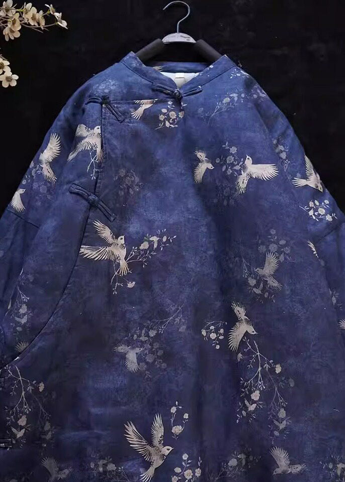 Handmade Blue O-Neck Phoenix Print Linen Maxi Parka Winter