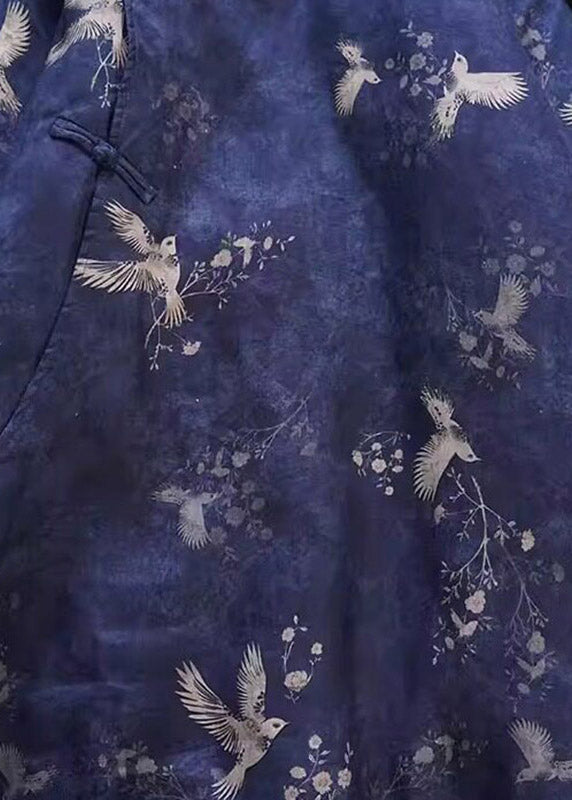 Handmade Blue O-Neck Phoenix Print Linen Maxi Parka Winter