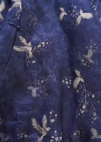 Handmade Blue O-Neck Phoenix Print Linen Maxi Parka Winter