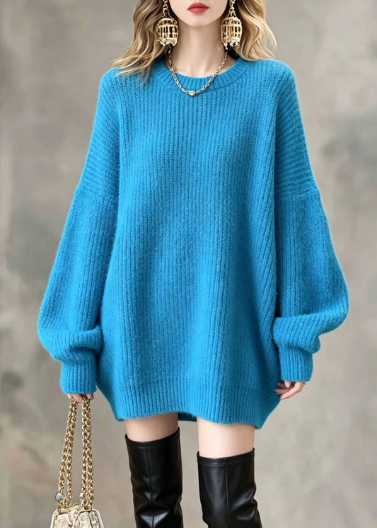 Handmade Blue O-Neck Solid Cotton Knit Sweaters Fall