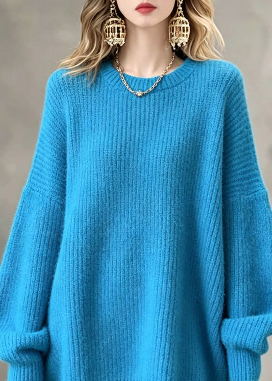 Handmade Blue O-Neck Solid Cotton Knit Sweaters Fall