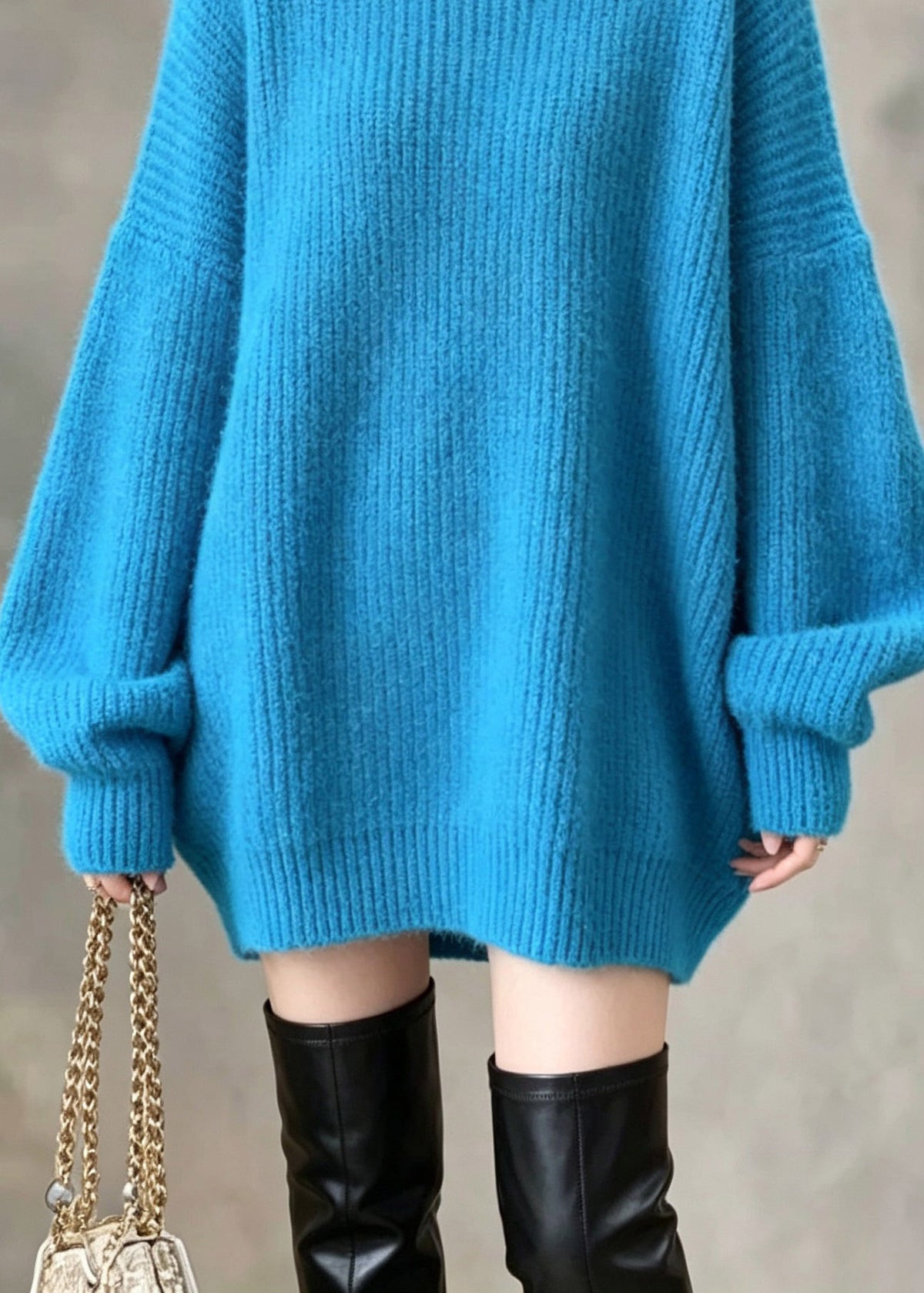 Handmade Blue O-Neck Solid Cotton Knit Sweaters Fall