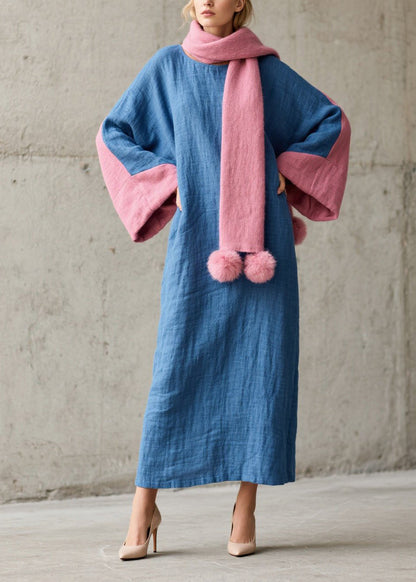 Handmade Blue Oversized Patchwork Cotton Holiday Dress Fall