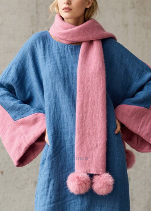 Handmade Blue Oversized Patchwork Cotton Holiday Dress Fall