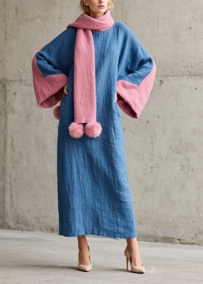 Handmade Blue Oversized Patchwork Cotton Holiday Dress Fall