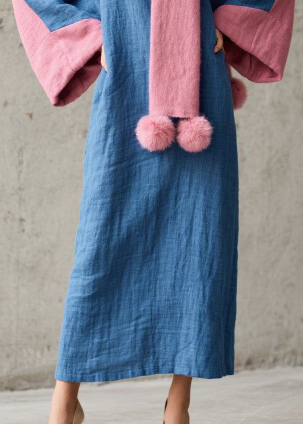 Handmade Blue Oversized Patchwork Cotton Holiday Dress Fall