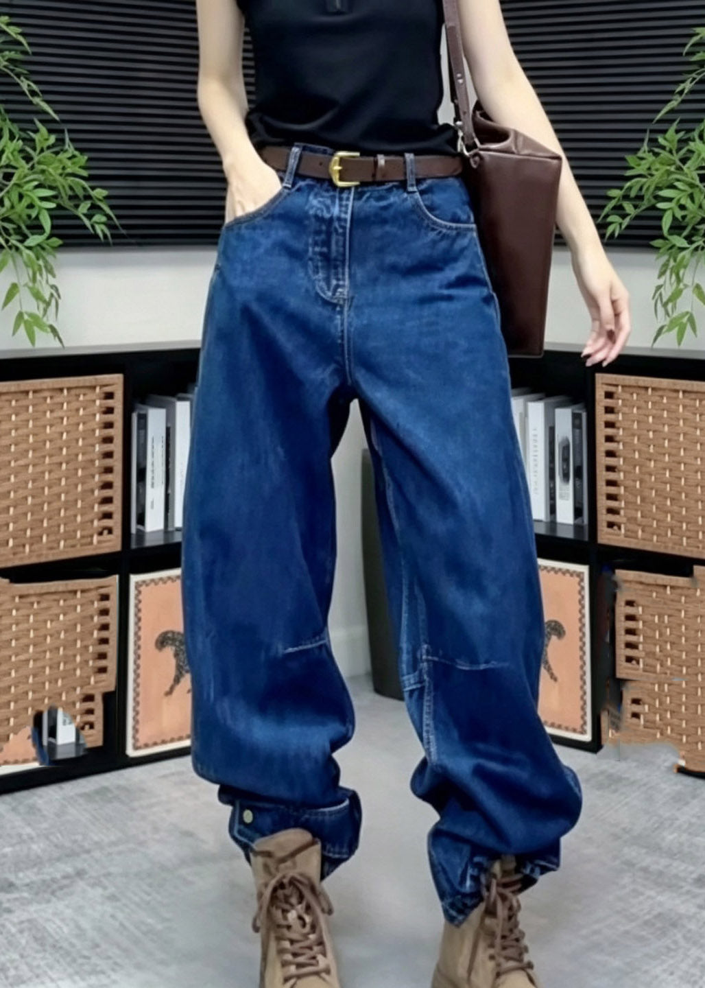Handmade Blue Patchwork High Waist Wide Leg Jeans