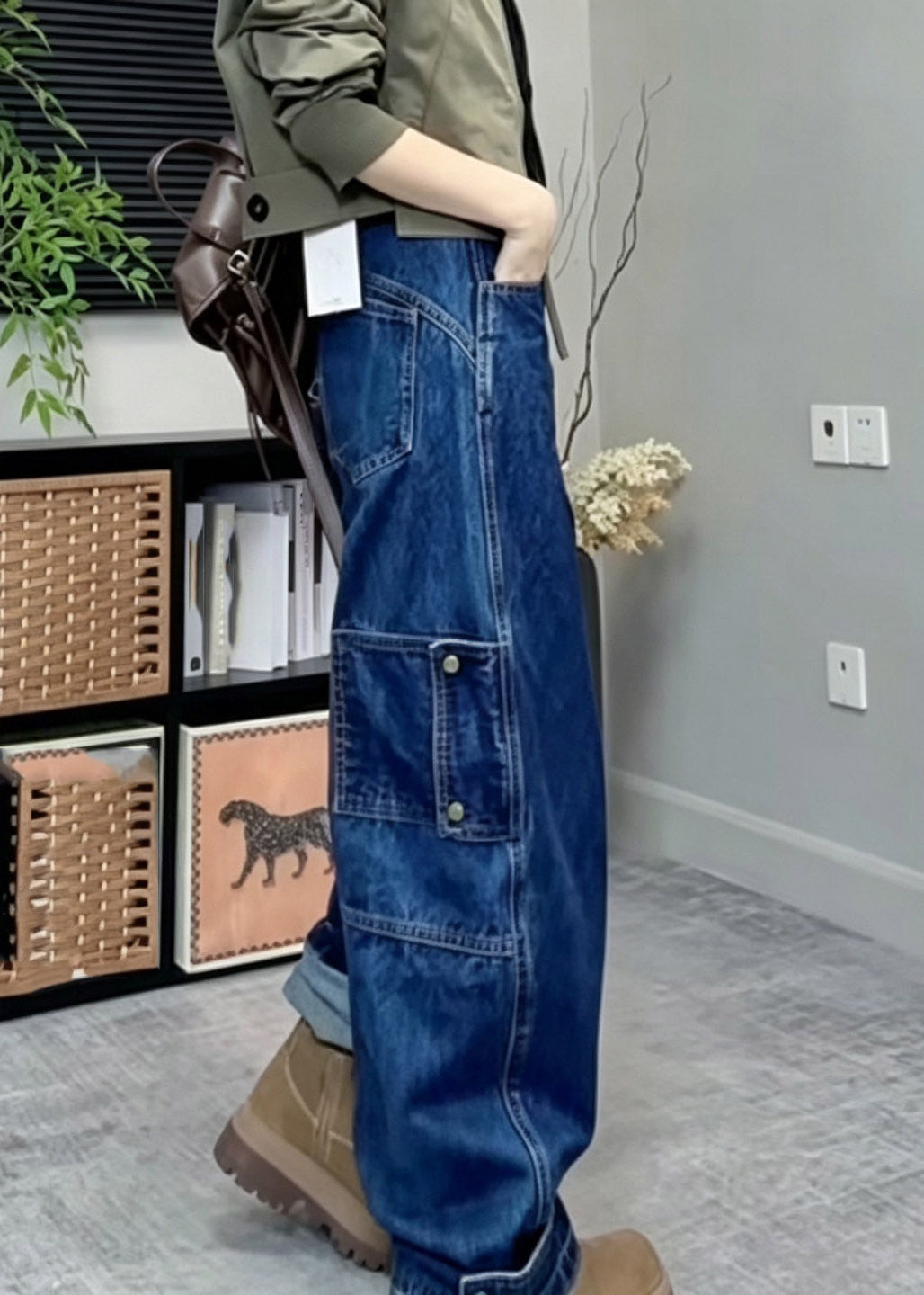 Handmade Blue Patchwork High Waist Wide Leg Jeans