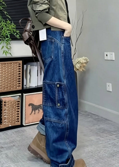Handmade Blue Patchwork High Waist Wide Leg Jeans